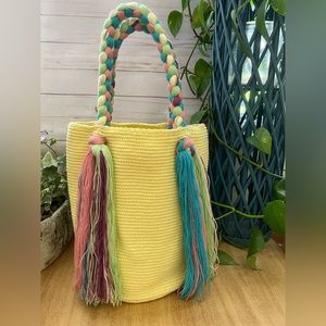 Cute Kawaii-Inspired Top Handle Wayuu Bag - Pastel Yellow handwoven Tote Bag